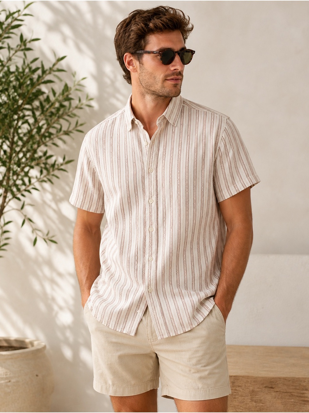 Goodfellow & Co Beige and Cream Striped Short-Sleeve Button-Up Shirt Large